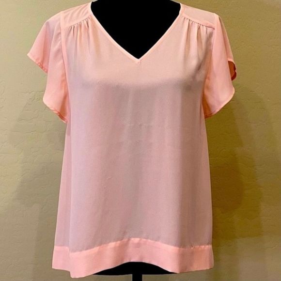 Halogen Tops - Halogen Sheer V-Neck Blouse, Peach size XS